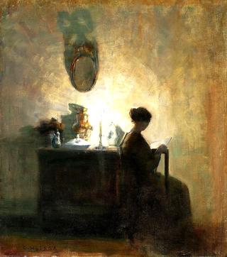 Interior with the artist's wife reading by the candlelight