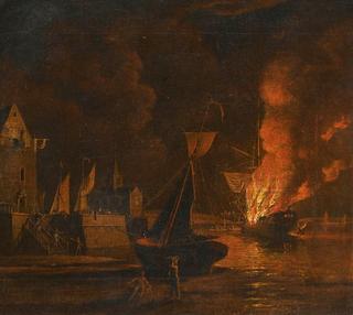 A Ship Ablaze at Night in a Town Harbour