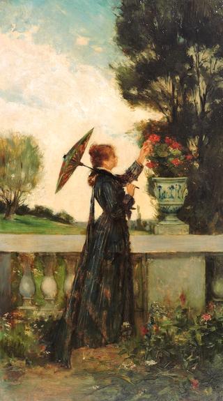 Lady with parasol picking flowers