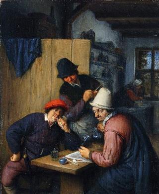 Three Drinking and Smoking Farmers in a Tavern
