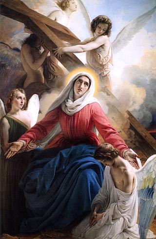 与天使一起悲伤的圣母和激情的象征