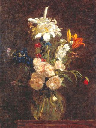 Roses and Lilies in a Glass Vase