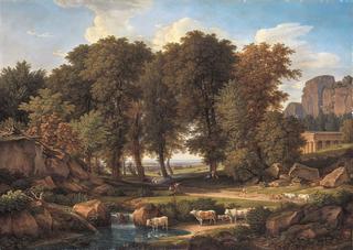 池塘边有树和牛的风景