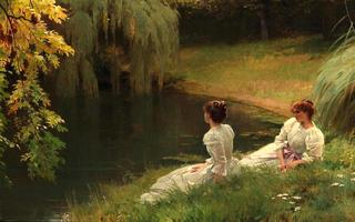 Elegant Ladies At Rest Beside a Pond