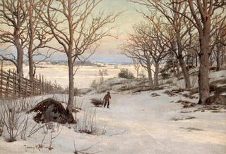 Boy with sledge in winter landscape