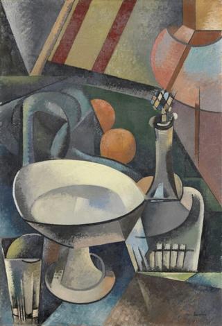 Still life with a white fruit-bowl and a water-bottle