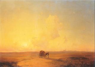 Camel-Cart at Sunset in a Coastal Landscape