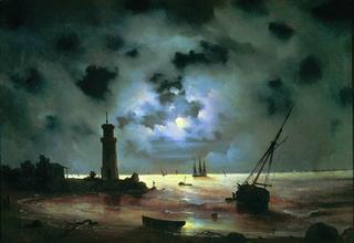 The Seashore with a Lighthouse at Night