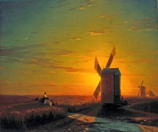 日落时分乌克兰大草原上的风车