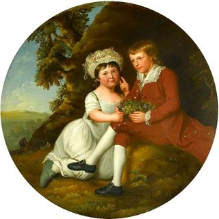 一对男孩和一对女孩的画像，在风景中放着一篮子水果