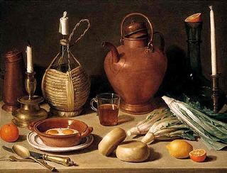 still life of eggs in a terracotta pot, gilt candlesticks, a wine-casket, a copper pot, a glass vase