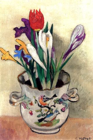 Vase with Bird, Crocus and Tulips