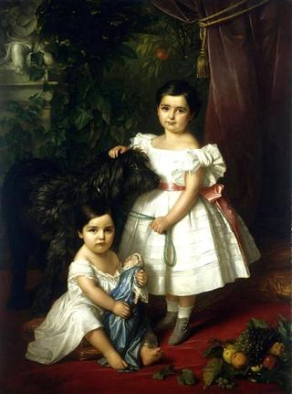 克伦伯格姐妹（玛丽亚·罗莎和罗莎·玛丽亚·卡罗琳娜）与狗的合影