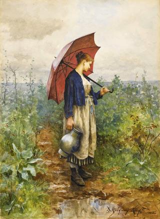 Portrait of a Woman with Umbrella Gathering Water