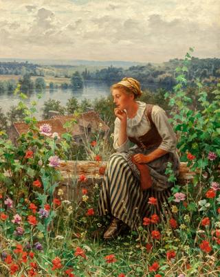 Normandy girl sitting in a garden