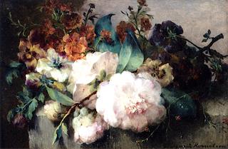 Peonies and Violets on a Stone Ledge