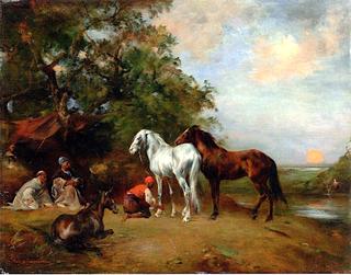 Sunset, Arab Harnessing a Brown Horse and a White Horse