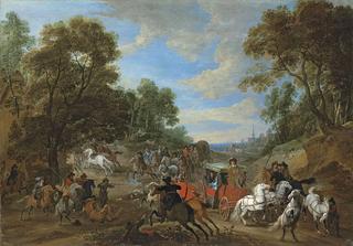 A wooded landscape with a coach being ambushed in a clearing