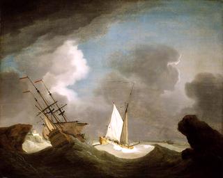 一艘印第安游艇和一艘皇家游艇在一个有城堡的岩石海岸的暴风雨中