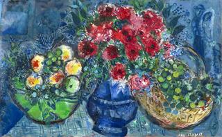 Le vase bleu aux deux corbeilles de fruits