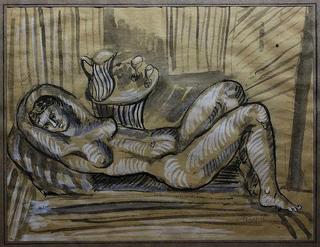 Femme nue allongée près d'un guéridon