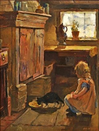 Interior scene with a peasant girl and cat