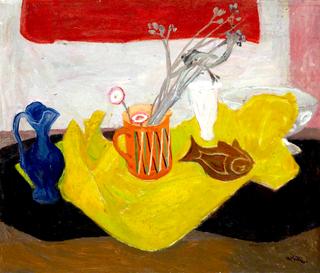 Still Life with Orange Jug, Flowers and a Yellow Cloth