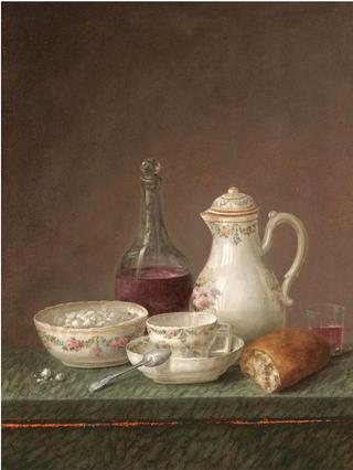A still life with a carafe of wine, teapot, a bowl of sugar and a piece of bread on a marble ledge