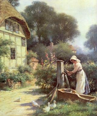 Drawing water by a cottage