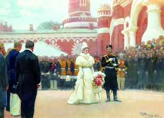 Emperor Nicholas II receiving rural district elders in the yard of Petrovsky Palace in Moscow