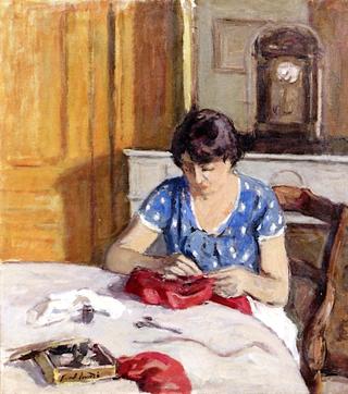 Woman Sewing in an Interior