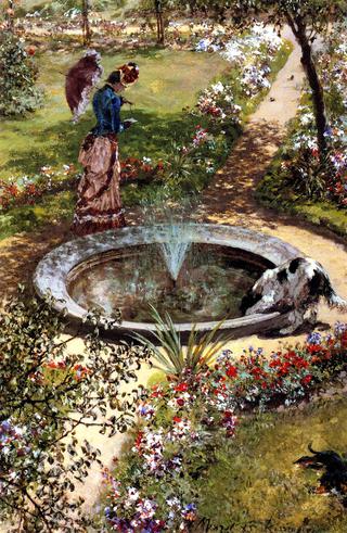 在基辛格温泉花园的喷泉旁散步的女士