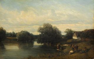 Cottage by the River with Washerwoman