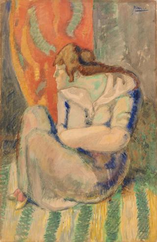 Woman Seated on Striped Floor