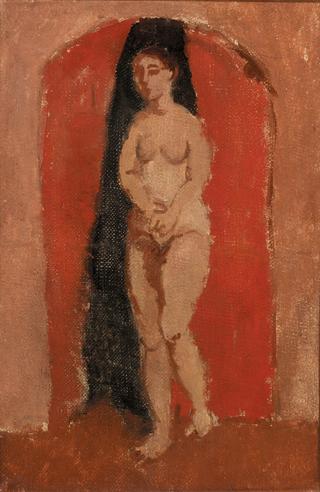 Standing Nude in Front of a Red Arch