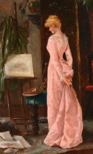 Elegant Lady in an Artist’s Studio Interior, Wearing a Pink Dress