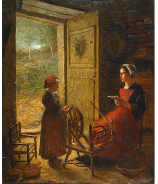 Breton Spinner and a Young Girl in a Country Kitchen