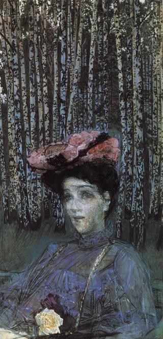 纳德什达·扎贝拉·沃鲁贝尔的肖像，背景是桦树