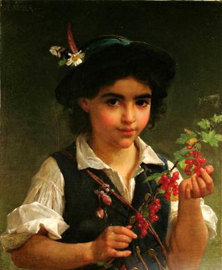 A Young Boy Holding a Branch of Berries