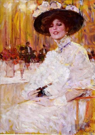 Lady in white in a fancy restaurant