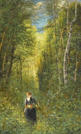 Girl Gathering Flowers in the Woods
