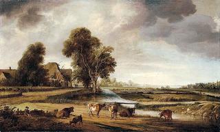 Village with Trees on a Waterway, Herdsman and Cattle in Foreground