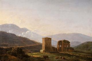 An italianate landscape with ruins and cattle