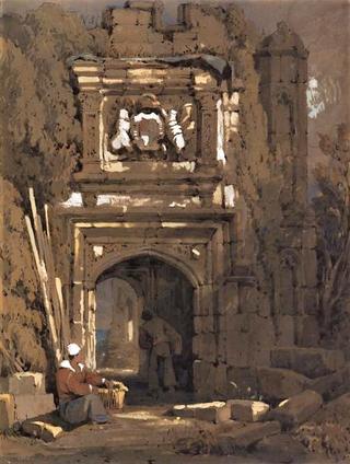 Gothic archway with a standing and a seated man