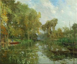 Landscape with pond and boats