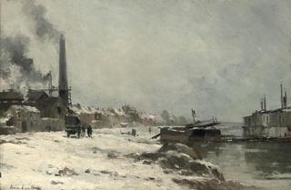 Figures by a factory on a river, winter