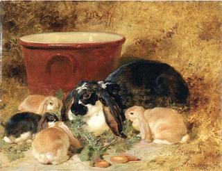 A Doe Rabbit and Her Kits in an Interior