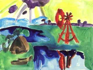 Marsh Landscape with Red Windmill