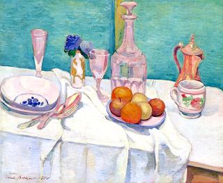 Still Life with Carafe, Glasses, Fruit, Pewter Pot on a Tablecloth