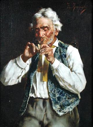 An Old Man Lighting a Pipe